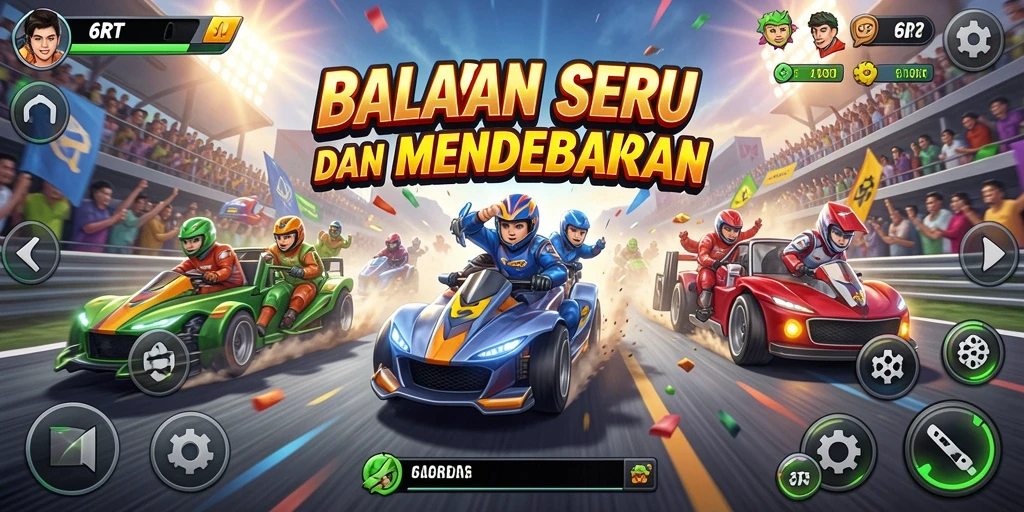 Screenshot gameplay 6RT yang menampilkan aksi balapan seru.