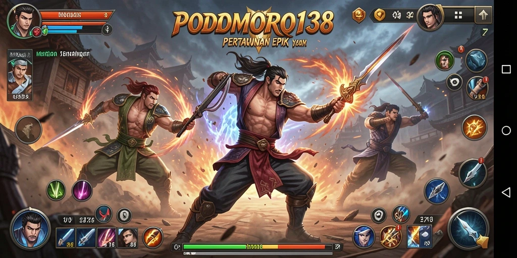 Screenshot PODOMORO138 yang menampilkan karakter bertarung dengan gaya yang mengesankan.