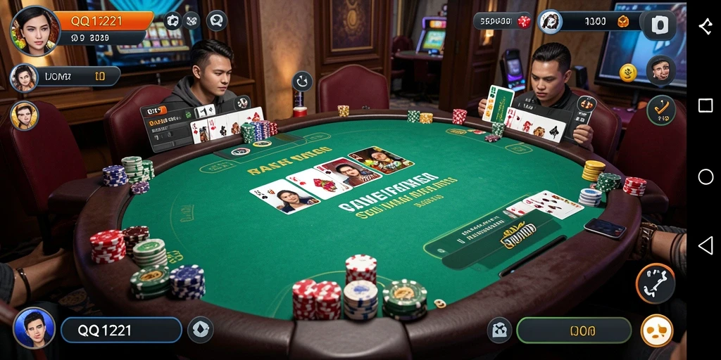 Screenshot gameplay utama QQ1221 menampilkan aksi Poker yang mendebarkan.