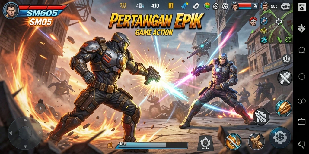 Tampilan gameplay seru SM605 dalam aksi pertarungan.