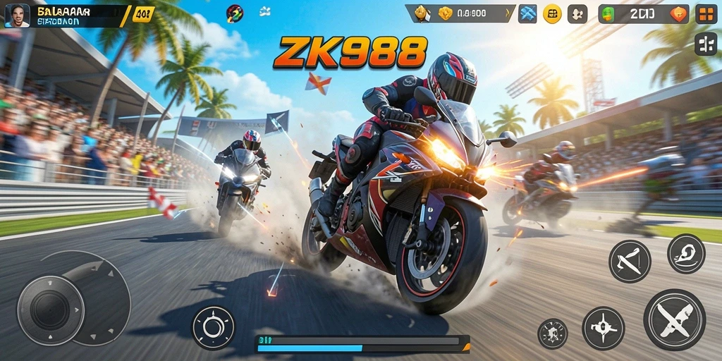 Screenshot gameplay ZK988 menampilkan aksi balapan motor yang seru dan cepat.